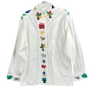 Vintage White Embroidered Cotton Shirt One Of A Kind Handmade M